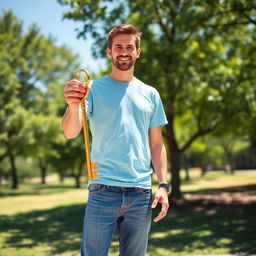 A regular person standing confidently in a bright, outdoor setting, holding a shiny golden key in their right hand