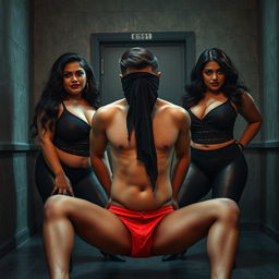A gripping interrogation room scene featuring two incredibly seductive desi women, both curvy and busty, with striking beauty defined by heavy makeup and dark lipstick