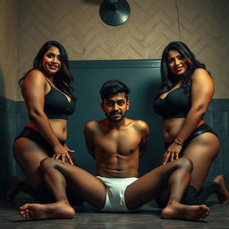 A gripping interrogation room scene featuring two incredibly seductive desi women, both curvy and busty, with striking beauty defined by heavy makeup and dark lipstick
