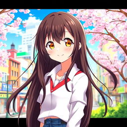 An anime girl with long, dark brown hair, wearing a stylish, casual outfit