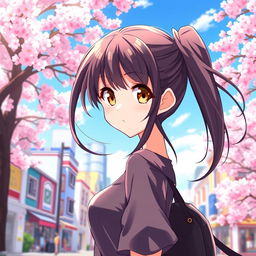 An anime girl with long, dark brown hair, wearing a stylish, casual outfit