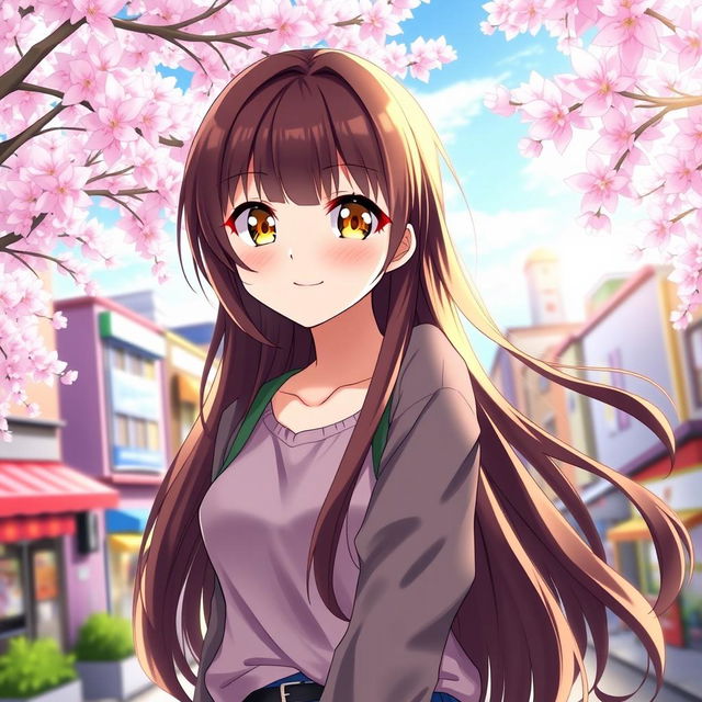 An anime girl with long, dark brown hair, wearing a stylish, casual outfit