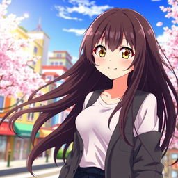 An anime girl with long, dark brown hair, wearing a stylish, casual outfit