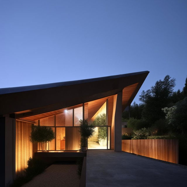 A residential building featuring a steeply sloping roof, illuminated by soft ambient light.