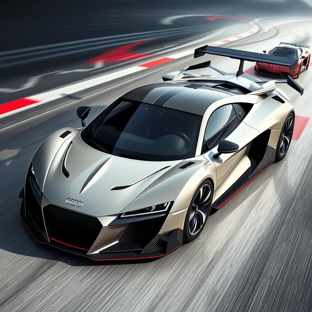 A stunning supercar design that combines elements from the 2016 Audi R8, GMA T50, and Pagani Huayra, showcasing a sleek and aerodynamic body