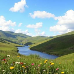 A serene landscape featuring rolling green hills under a clear blue sky, with fluffy white clouds scattered throughout
