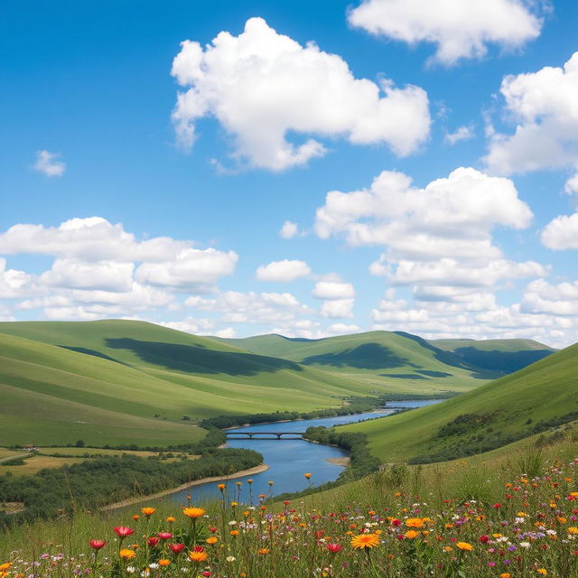 A serene landscape featuring rolling green hills under a clear blue sky, with fluffy white clouds scattered throughout