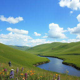 A serene landscape featuring rolling green hills under a clear blue sky, with fluffy white clouds scattered throughout