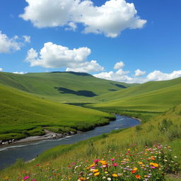 A serene landscape featuring rolling green hills under a clear blue sky, with fluffy white clouds scattered throughout