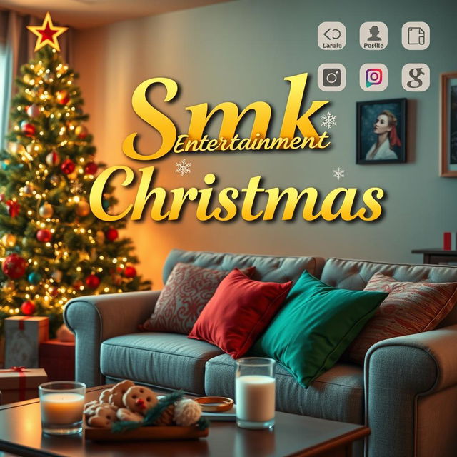 A festive Christmas scene showcasing a cozy living room decorated for the holidays, featuring a beautifully adorned Christmas tree with twinkling lights and colorful ornaments