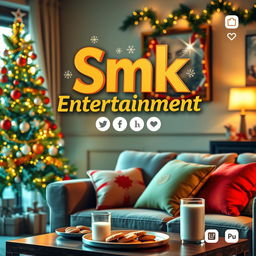 A festive Christmas scene showcasing a cozy living room decorated for the holidays, featuring a beautifully adorned Christmas tree with twinkling lights and colorful ornaments