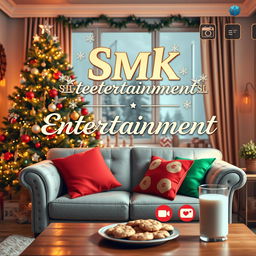 A festive Christmas scene showcasing a cozy living room decorated for the holidays, featuring a beautifully adorned Christmas tree with twinkling lights and colorful ornaments