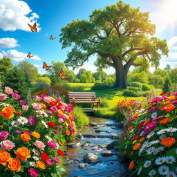 A breathtaking garden scene full of vibrant flowers, lush greenery, and delicate butterflies fluttering around