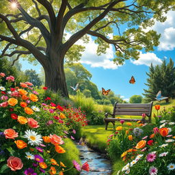 A breathtaking garden scene full of vibrant flowers, lush greenery, and delicate butterflies fluttering around