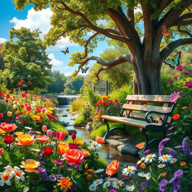 A breathtaking garden scene full of vibrant flowers, lush greenery, and delicate butterflies fluttering around