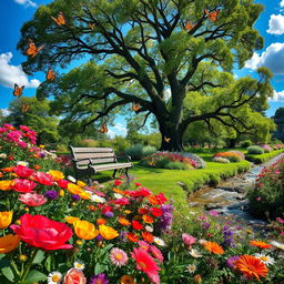 A breathtaking garden scene full of vibrant flowers, lush greenery, and delicate butterflies fluttering around