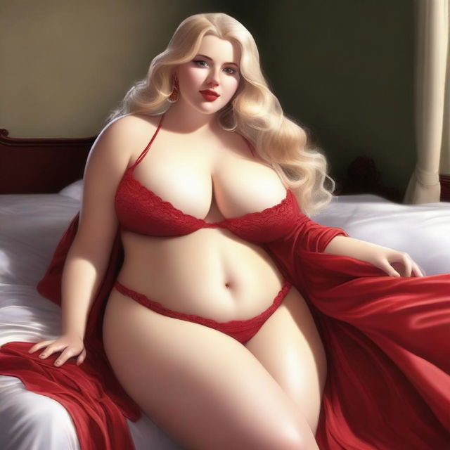 This high-resolution digital art features a voluptuous blonde woman with long golden hair and a plus-size figure