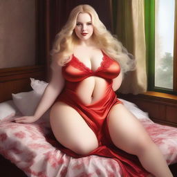 This high-resolution digital art features a voluptuous blonde woman with long golden hair and a plus-size figure