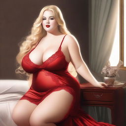 This high-resolution digital art features a voluptuous blonde woman with long golden hair and a plus-size figure