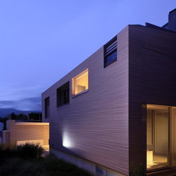 A residential building featuring a steeply sloping roof, illuminated by soft ambient light.