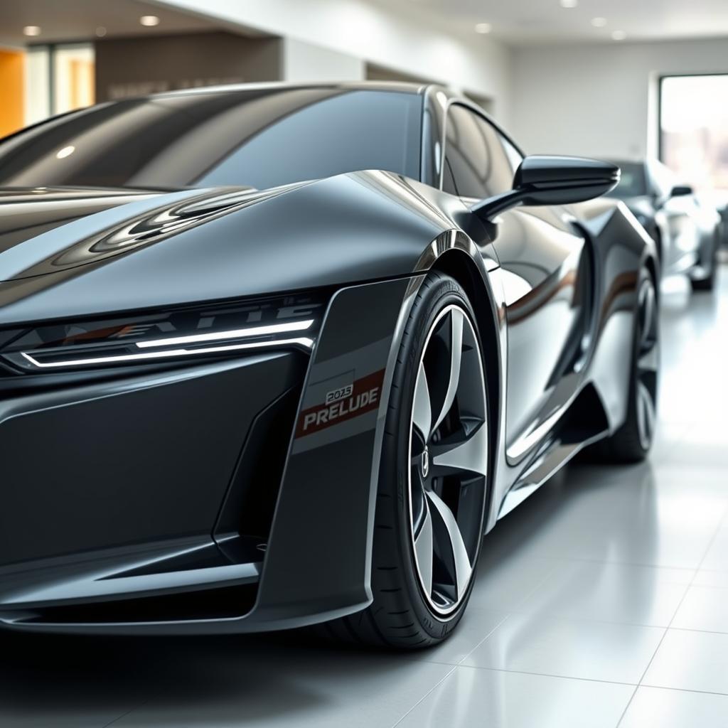 A sleek and futuristic sports car, a 2025 Honda Prelude, viewed from an angled corner perspective that showcases its front and side profile