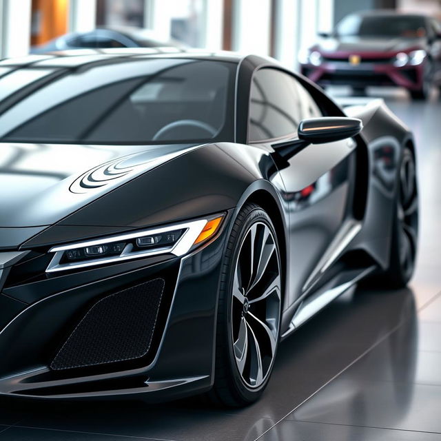 A sleek and futuristic sports car, a 2025 Honda Prelude, viewed from an angled corner perspective that showcases its front and side profile