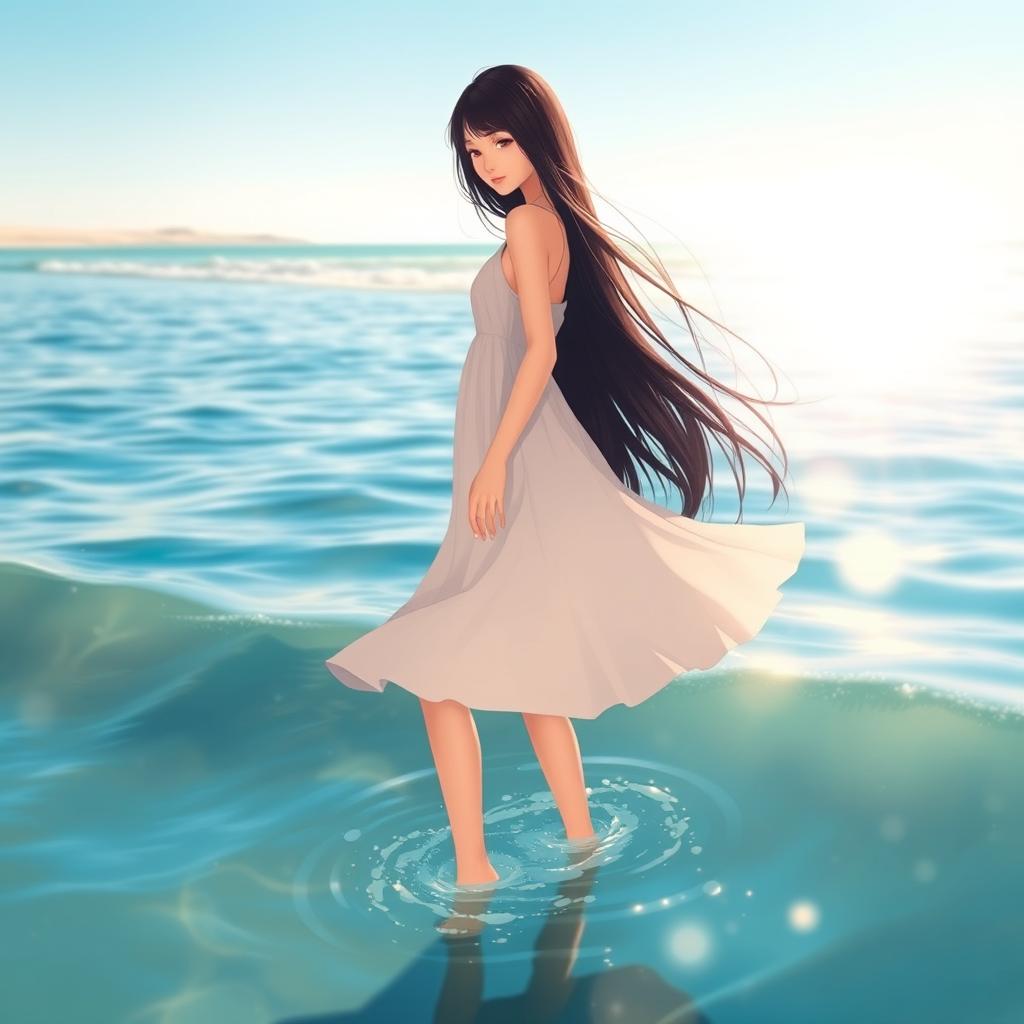 A slender girl with long black hair standing gracefully in front of the ocean, the soft waves gently lapping at her feet