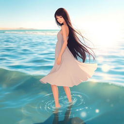 A slender girl with long black hair standing gracefully in front of the ocean, the soft waves gently lapping at her feet
