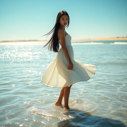 A slender girl with long black hair standing gracefully in front of the ocean, the soft waves gently lapping at her feet