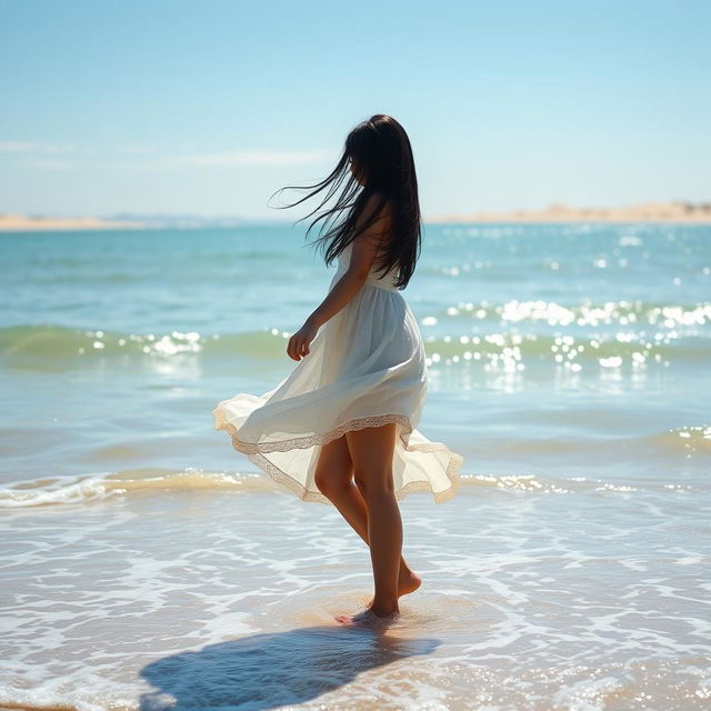 A slender girl with long black hair standing gracefully in front of the ocean, the soft waves gently lapping at her feet