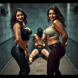An intense interrogation room scene highlighting two incredibly seductive desi women, both curvy and voluptuous, exuding confidence and beauty with heavy makeup and dark lipstick