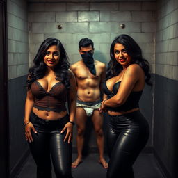 An intense interrogation room scene highlighting two incredibly seductive desi women, both curvy and voluptuous, exuding confidence and beauty with heavy makeup and dark lipstick