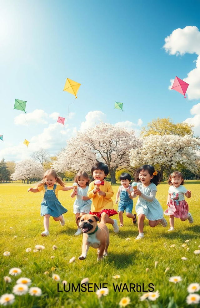 A nostalgic scene depicting a joyful childhood moment in a sunlit park