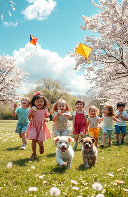 A nostalgic scene depicting a joyful childhood moment in a sunlit park