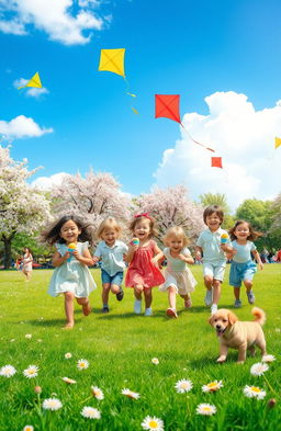 A nostalgic scene depicting a joyful childhood moment in a sunlit park