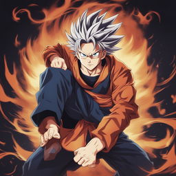 A digital art illustration of Goku, known for his spiky hair and orange gi, rendered in the distinct style of Jujutsu Kaisen