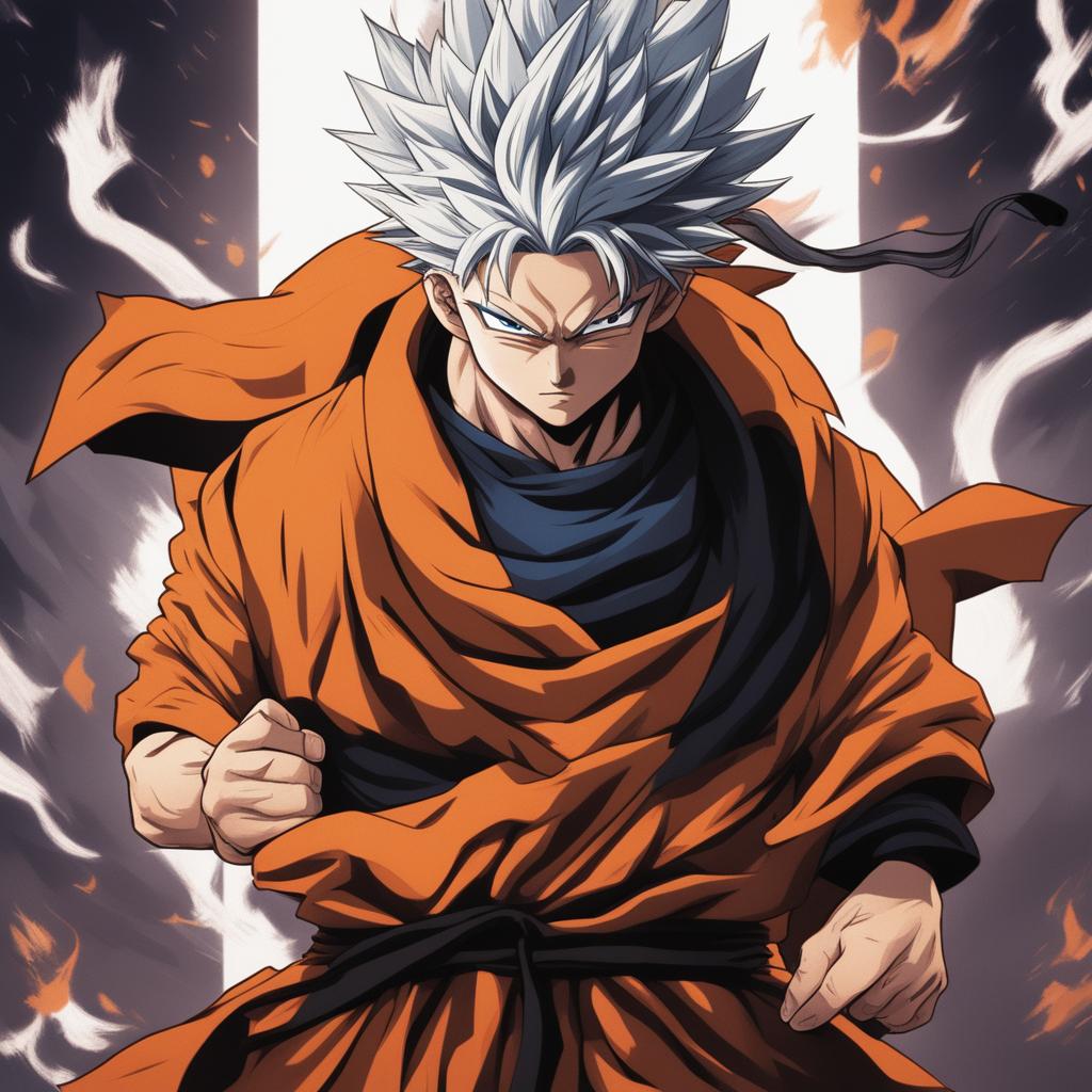 A digital art illustration of Goku, known for his spiky hair and orange gi, rendered in the distinct style of Jujutsu Kaisen