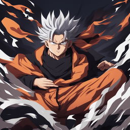 A digital art illustration of Goku, known for his spiky hair and orange gi, rendered in the distinct style of Jujutsu Kaisen