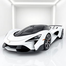 A sleek and smooth supercar showcased in a pristine white room
