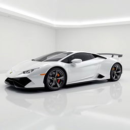 A sleek and smooth supercar showcased in a pristine white room