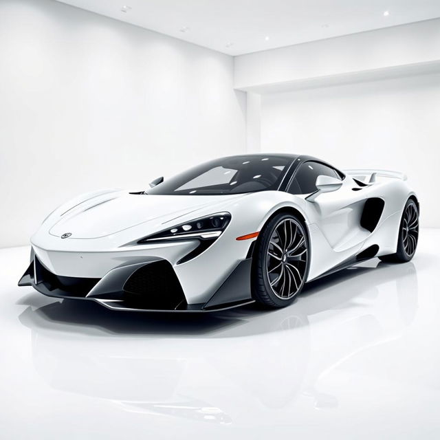 A sleek and smooth supercar showcased in a pristine white room