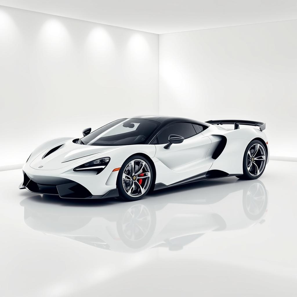 A sleek and smooth supercar showcased in a pristine white room