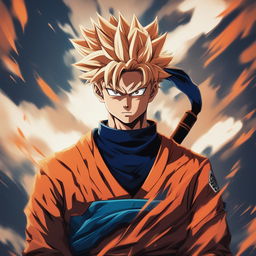 A digital art illustration of Goku, known for his spiky hair and orange gi, rendered in the distinct style of Jujutsu Kaisen