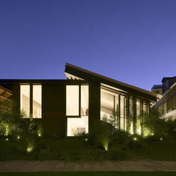 A residential building featuring a steeply sloping roof, illuminated by soft ambient light.