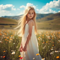 A beautiful girl with long flowing hair standing in a sunlit field filled with wildflowers, her hair gently blowing in the breeze, wearing a light, airy dress that complements her graceful figure