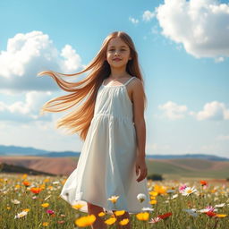 A beautiful girl with long flowing hair standing in a sunlit field filled with wildflowers, her hair gently blowing in the breeze, wearing a light, airy dress that complements her graceful figure