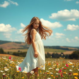 A beautiful girl with long flowing hair standing in a sunlit field filled with wildflowers, her hair gently blowing in the breeze, wearing a light, airy dress that complements her graceful figure