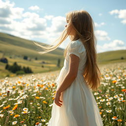 A beautiful girl with long flowing hair standing in a sunlit field filled with wildflowers, her hair gently blowing in the breeze, wearing a light, airy dress that complements her graceful figure