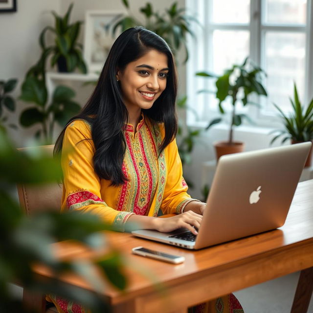 A young Indian woman sitting at a stylish wooden desk, working intently on her laptop
