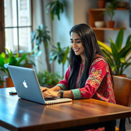 A young Indian woman sitting at a stylish wooden desk, working intently on her laptop
